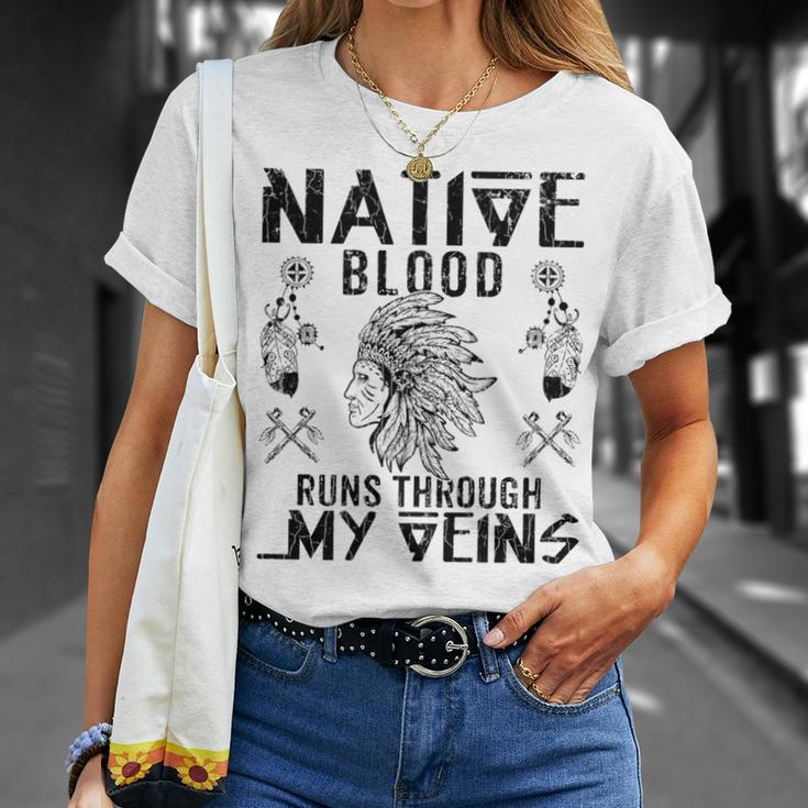 Native Blood Runs Through My Veins Fun American Day Graphic T-Shirt Gifts for Her