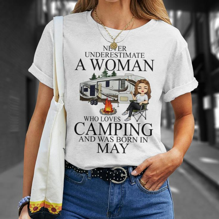 Never Underestimate A Woman Who Love Camping Born In May Unisex T-Shirt Gifts for Her