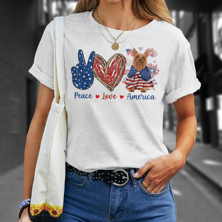 Peace Love Silky Terrier Dog Patriotic America Flag 4Th July Unisex T-Shirt Gifts for Her