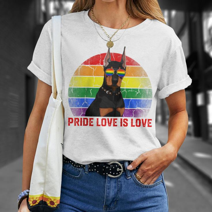Retro Lgbt Pride Love Is Love Doberman Dog Unisex T-Shirt Gifts for Her