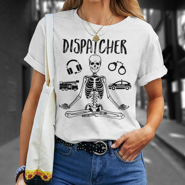 Spooky Dispatcher 911 Halloween Police Skeleton Meditating T-Shirt Gifts for Her
