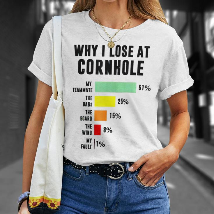 Why I Lose At Cornhole My Teammate 51 The Bags 25 Unisex T-Shirt Gifts for Her