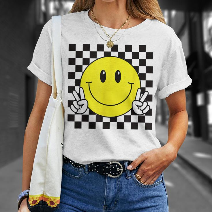 Yellow Smile Face Cute Checkered Peace Smiling Happy Face T-Shirt Gifts for Her