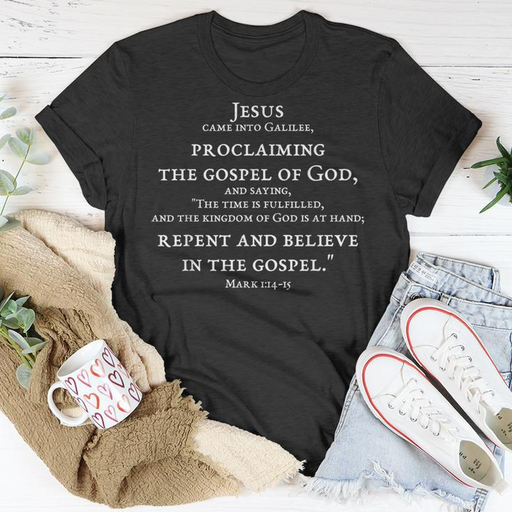 2-Sided Repent And Believe In Gospel Mark 114 15 Scripture T-Shirt Unique Gifts