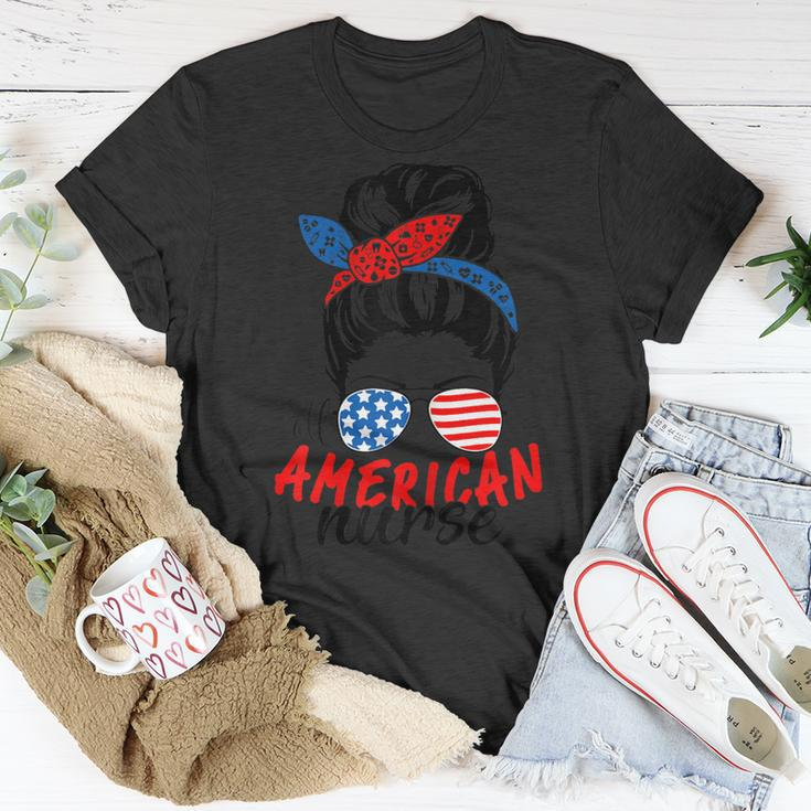 4Th Of July 2023 Messy Bun Mom Patriotic All-American Nurse Unisex T-Shirt Unique Gifts