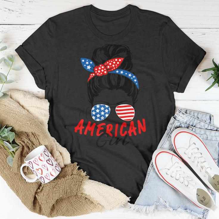 4Th Of July 2023 Messy Bun Patriotic All American Girl Gifts Unisex T-Shirt Unique Gifts