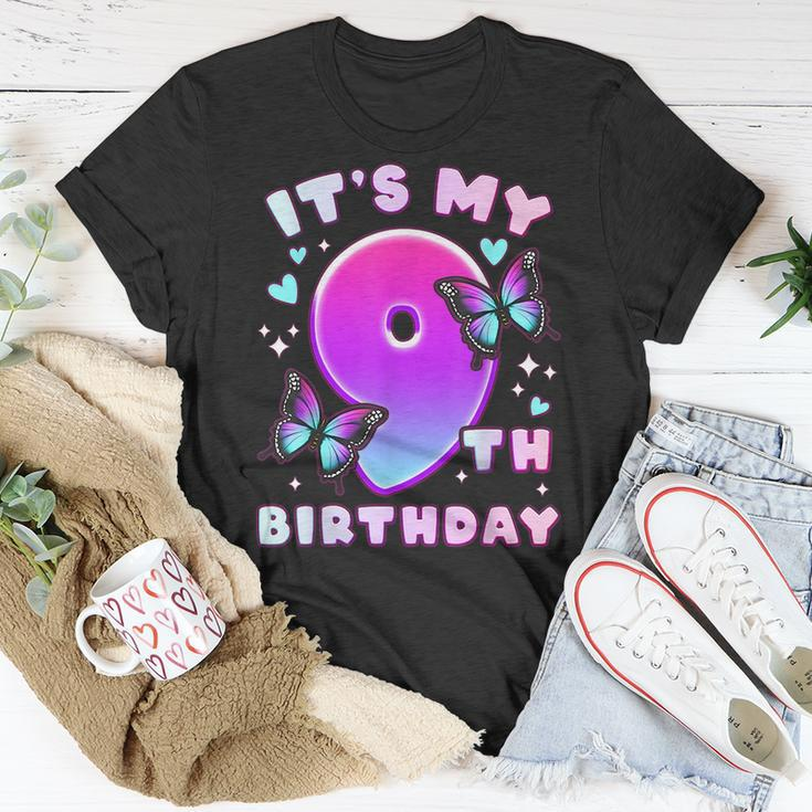 9Th Birthday Girl 9 Years Butterflies And Number 9 Unisex T-Shirt Funny Gifts