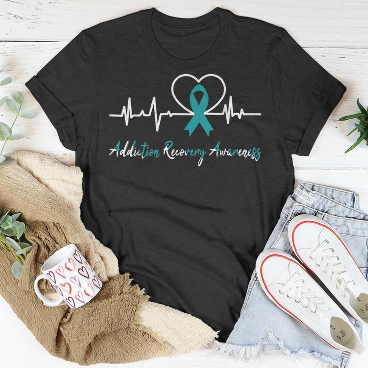 Addiction Recovery Awareness Heartbeat Teal Ribbon Support T-Shirt Unique Gifts