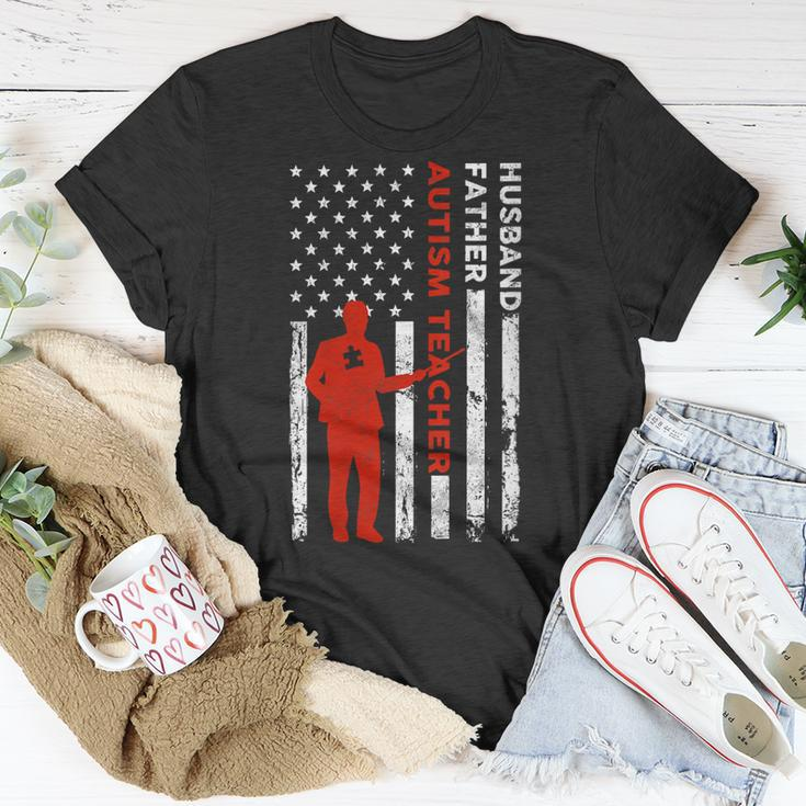 Autism Teacher Husband Dad Vintage Usa Flag American Fathers Gift For Womens Gift For Women Unisex T-Shirt Unique Gifts