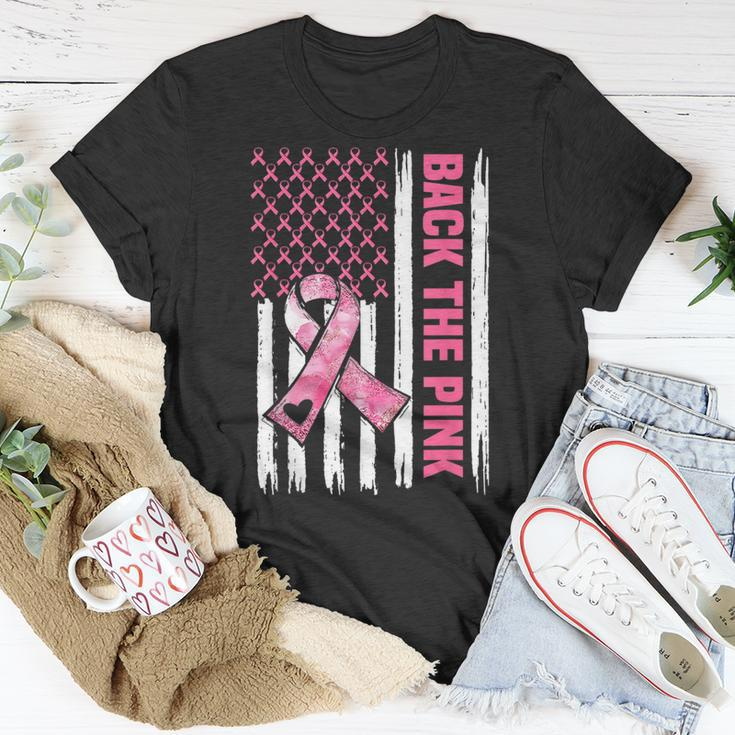 Back The Pink Warrior Flag American Breast Cancer Awareness Breast Cancer Awareness Funny Gifts Unisex T-Shirt Unique Gifts