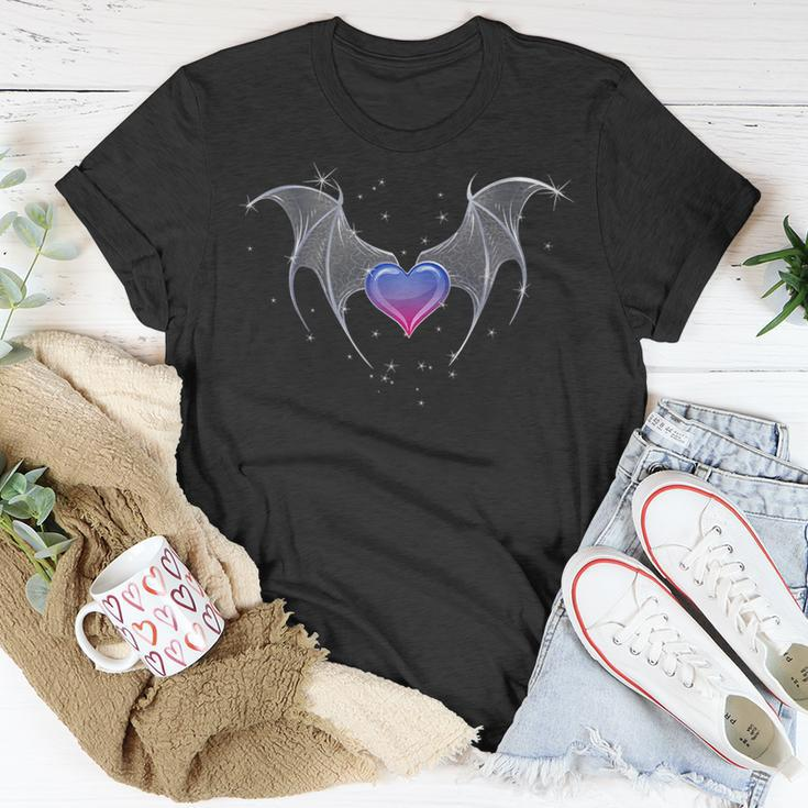 Bi Pride Flag Heart With Gothic Wings Bisexual Goth Unisex T-Shirt Unique Gifts