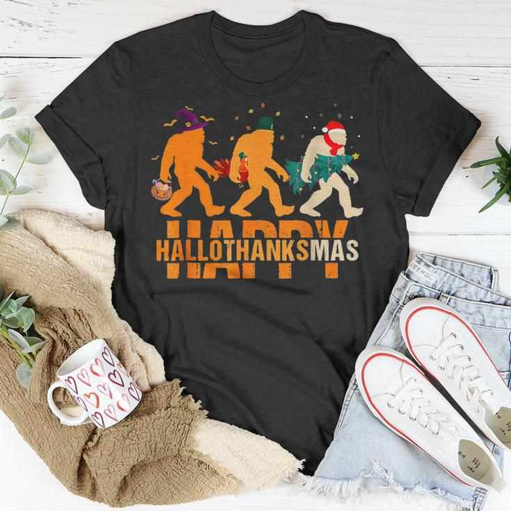 Bigfoot Happy Hallothanksmas Halloween Thanksgiving Xmas T-Shirt Unique Gifts