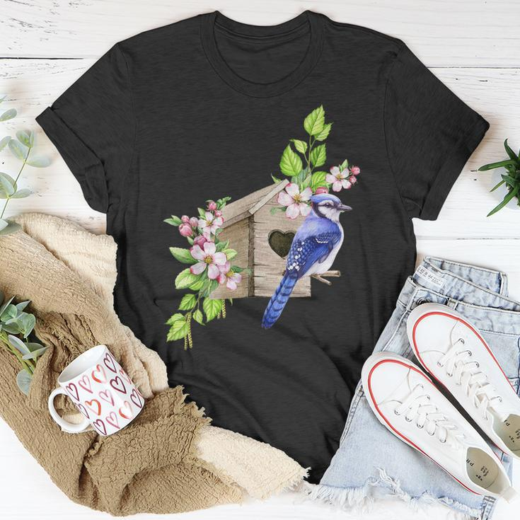 Blue Jay Bird Birdhouse And Pink Blossoms Bird Watching T-Shirt Unique Gifts