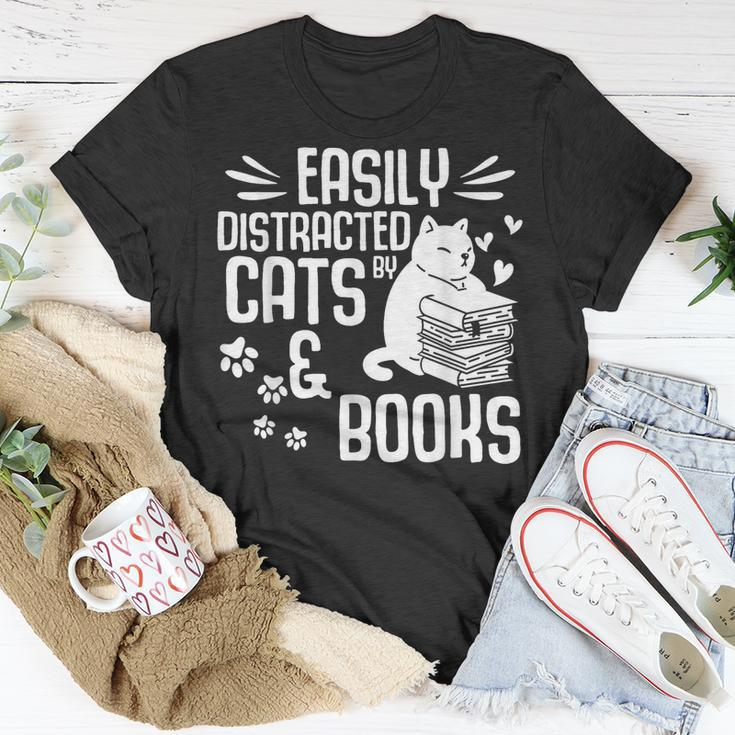 Cat Book Easily Distracted By Cats And Books Gift Girls Boys Unisex T-Shirt Unique Gifts