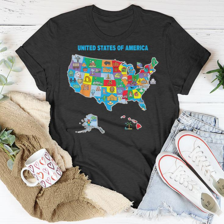 Colorful United States Of America Map Us Landmarks Icons T-Shirt Unique Gifts