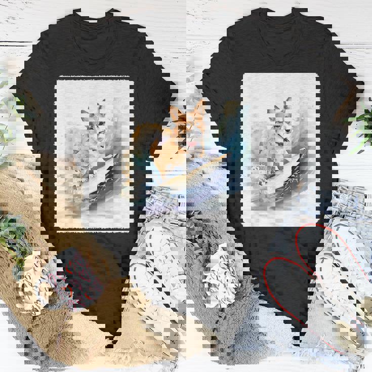 Corgi Surfing Wave Dog Surfing Corgi At The Beach Unisex T-Shirt Unique Gifts