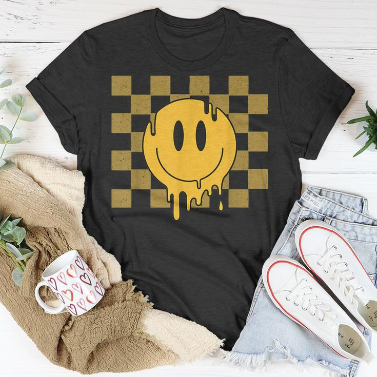 Cute Retro Happy Face Checkered Pattern Yellow Melting Face Unisex T-Shirt Unique Gifts