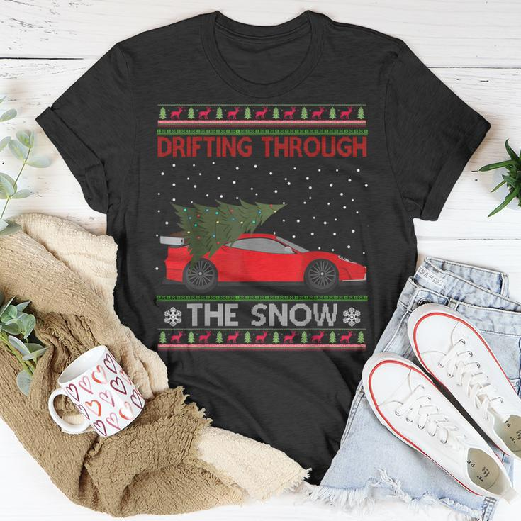 Drifting Through The Snow Ugly Christmas Sweater Tree Car T-Shirt Unique Gifts