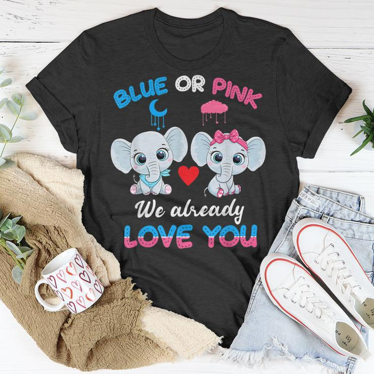 Elephant Baby Pink Or Blue We Already Love You Gender Reveal Unisex T-Shirt Unique Gifts