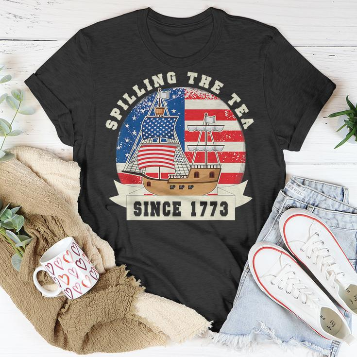 Fourth Of July Spilling The Tea 1773 Funny American History Unisex T-Shirt Unique Gifts