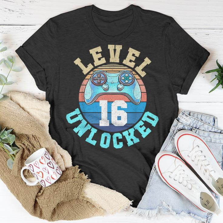 Gamer Boy Level 16 Unlocked Video Game 16Th Birthday Funny Birthday Gifts Unisex T-Shirt Unique Gifts