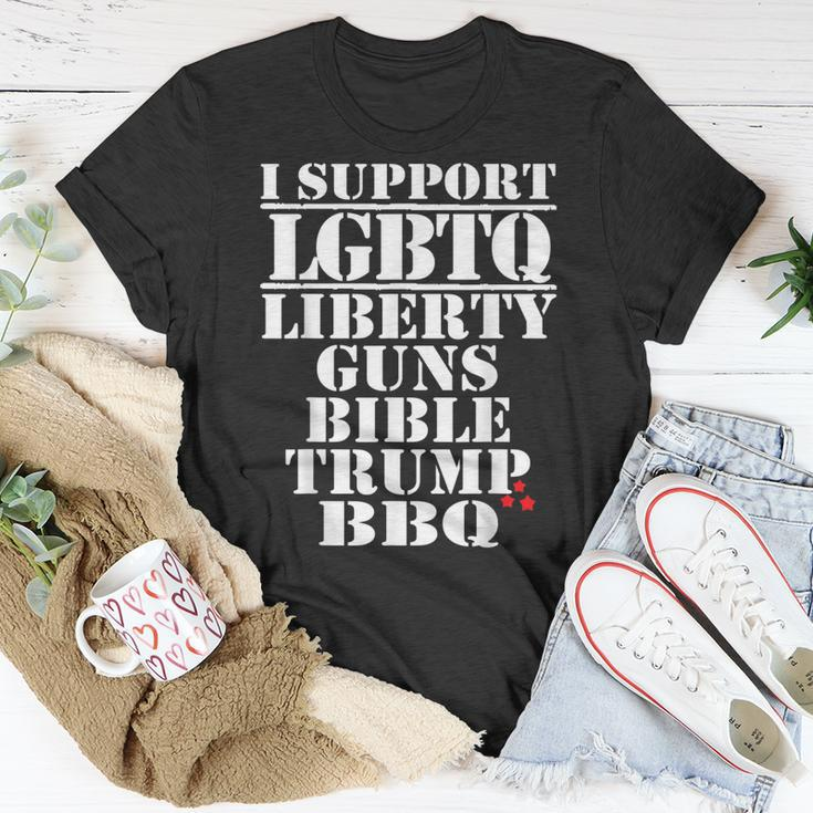 I Support Lgbtq Liberty Guns Bible Trump Bbq Funny Unisex T-Shirt Unique Gifts