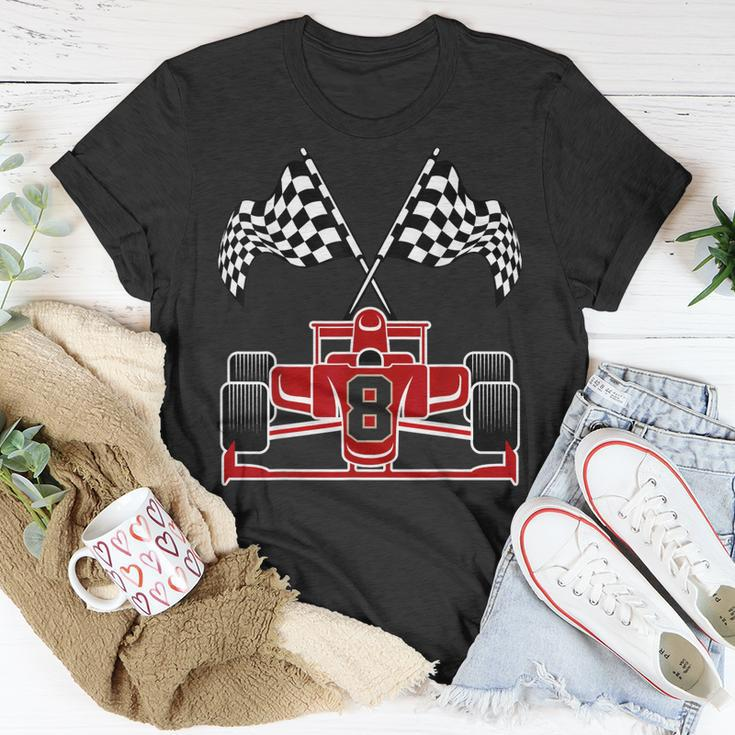 Kids Race Car Theme 8Th Birthday Party Racing 8 Year Old Boy Unisex T-Shirt Unique Gifts
