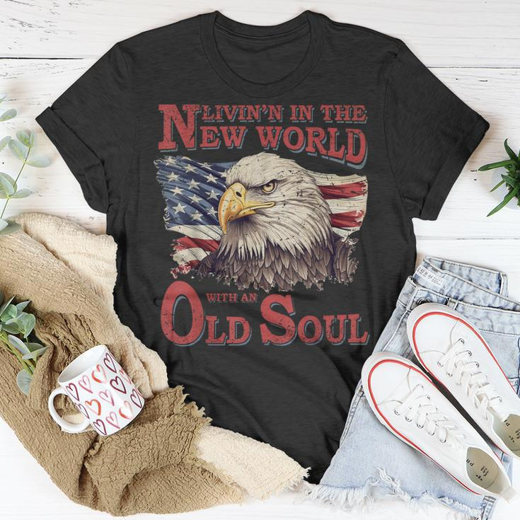 Living In The New World With An Old Soul America Flag Retro T-Shirt Unique Gifts