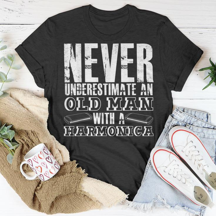 Never Underestimate An Old Man With A Harmonica French Harp Unisex T-Shirt Funny Gifts