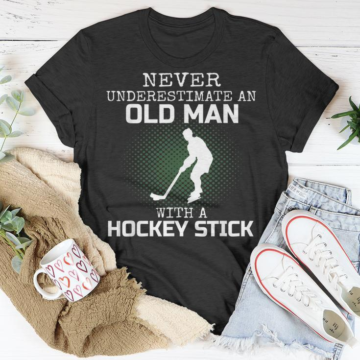 Never Underestimate An Old Man With A Hockey Stick Mens Dad Unisex T-Shirt Funny Gifts