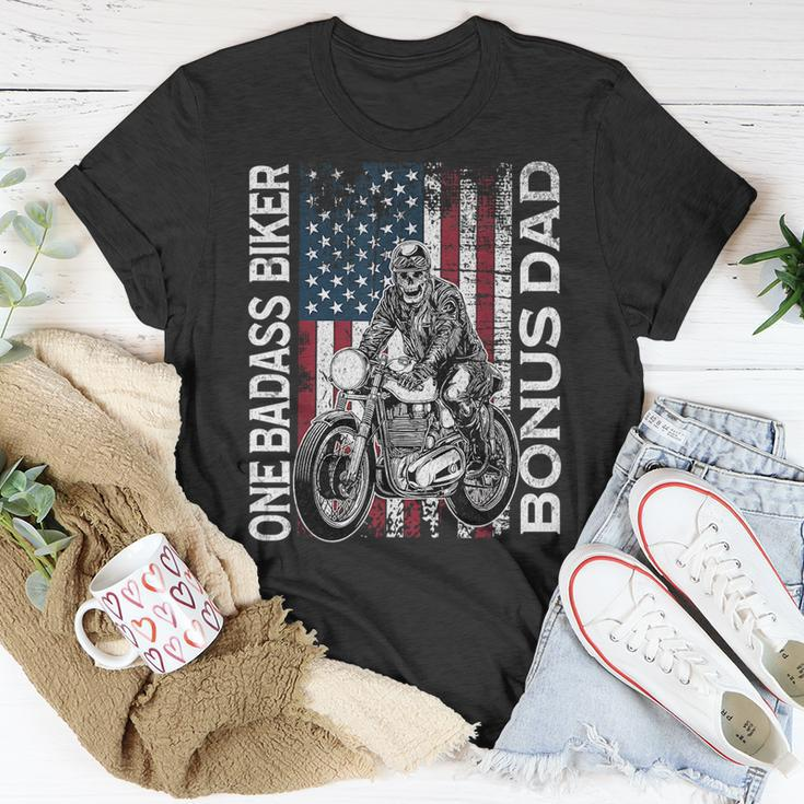 One Badass Biker Bonus Dad Grunge American Flag Skeleton Funny Gifts For Dad Unisex T-Shirt Unique Gifts