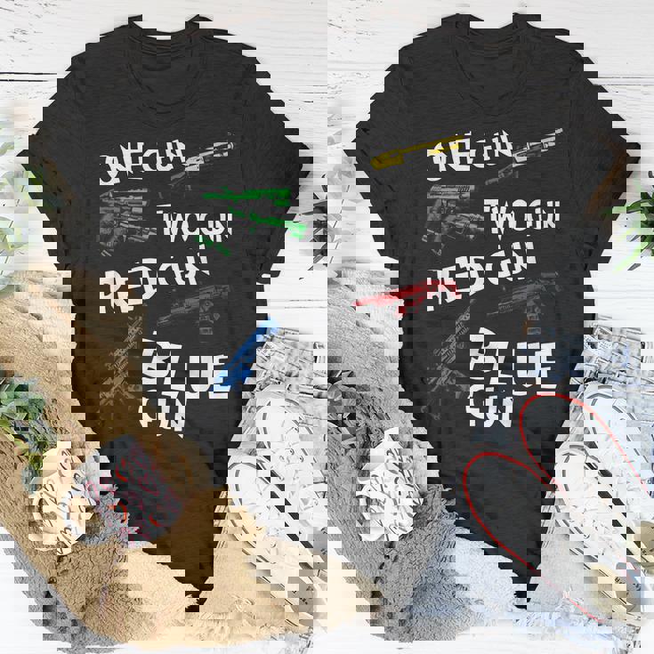 Oneguntwogunredgunbluegun Unisex T-Shirt Unique Gifts