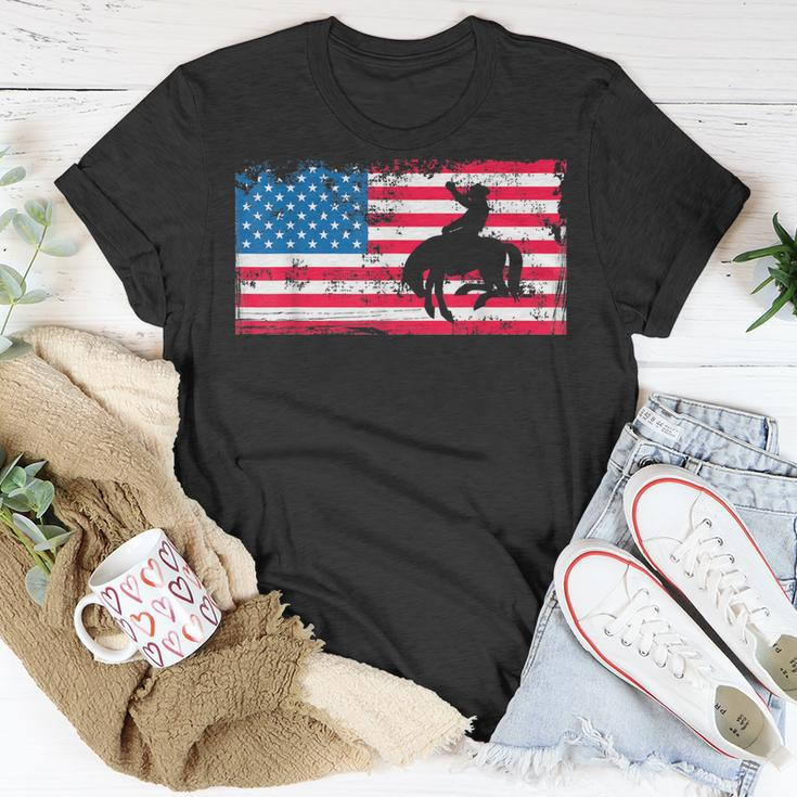 Retro American Flag Rodeo Bronc Horse Riding Cowboy Cowgirl Unisex T-Shirt Unique Gifts