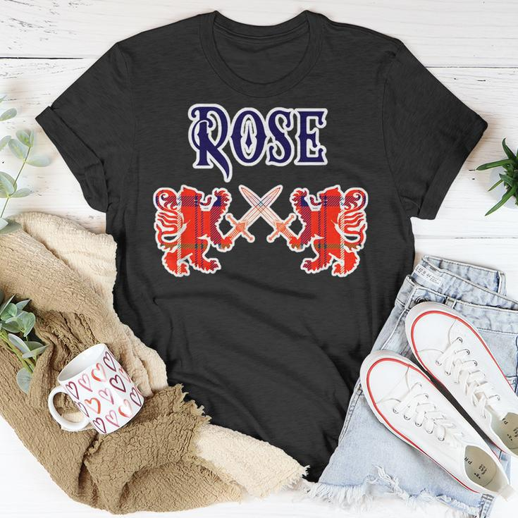 Rose Scottish Clan Kilt Lion Family Name Tartan Gifts For Lion Lovers Funny Gifts Unisex T-Shirt Unique Gifts