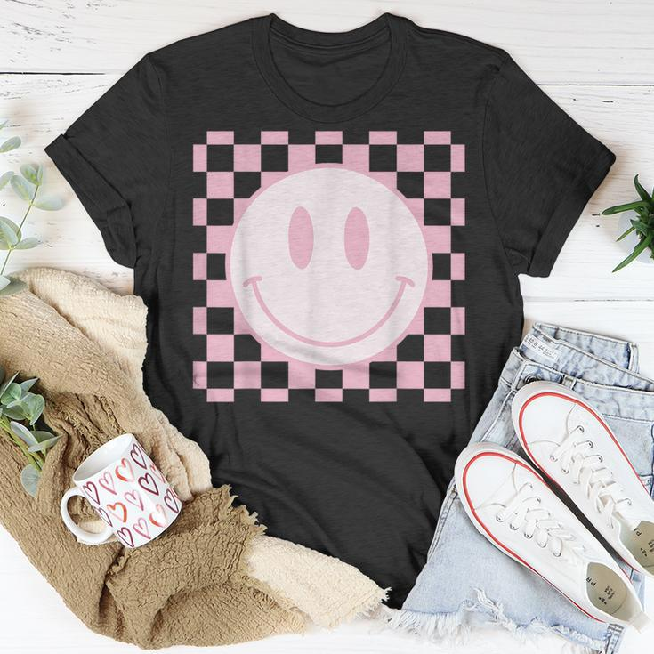 Smile Face Pink Vintage Checkered Pattern Retro Happy Face Unisex T-Shirt Unique Gifts