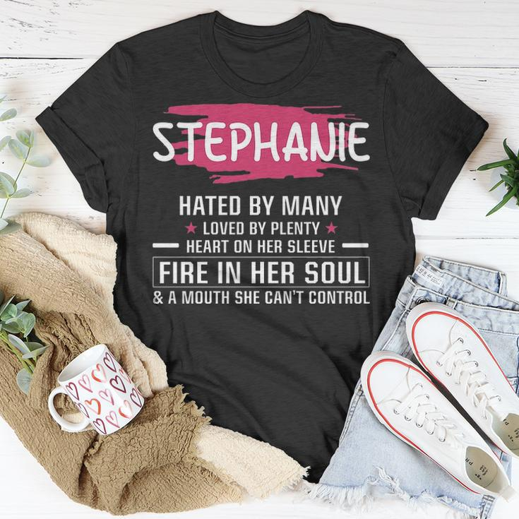 Stephanie Name Gift Stephanie Hated By Many Loved By Plenty Heart On Her Sleeve Unisex T-Shirt Funny Gifts