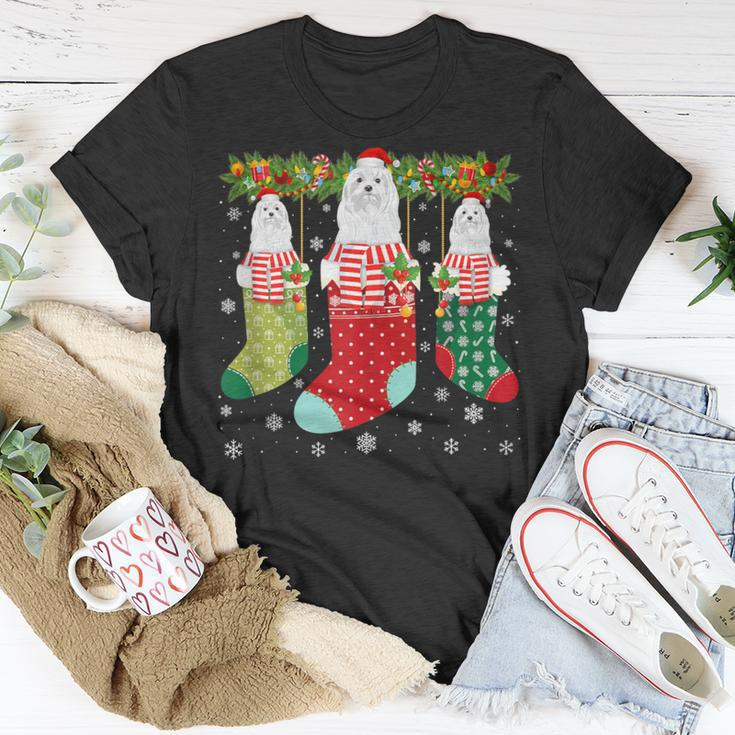 Three Maltese Dog In Socks Ugly Christmas Sweater Party T-Shirt Unique Gifts