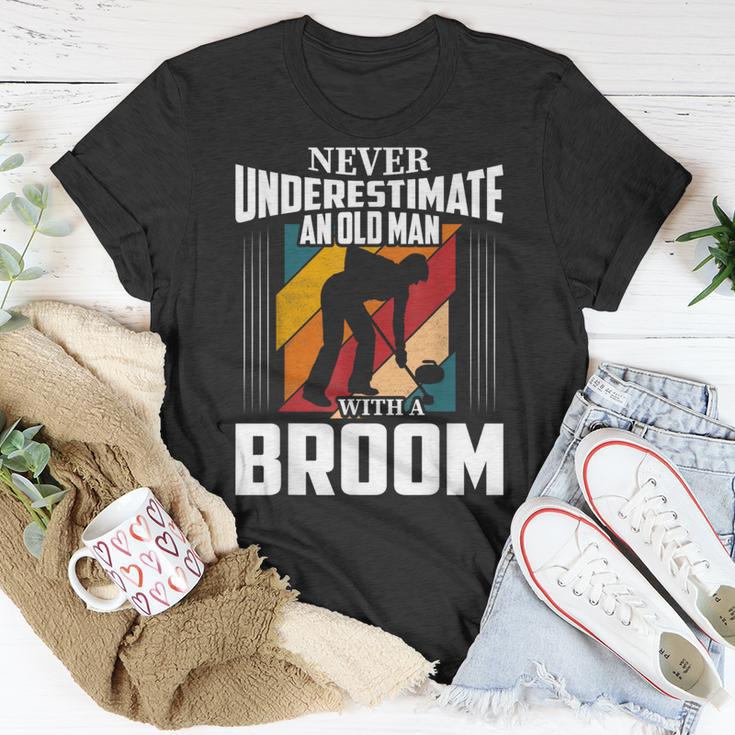 Never Underestimate An Old Man With A Broom Curler T-Shirt Unique Gifts