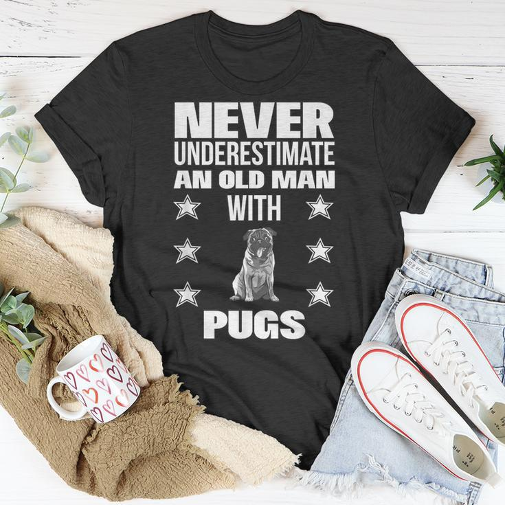 Never Underestimate An Old Man With Pugs T-Shirt Unique Gifts