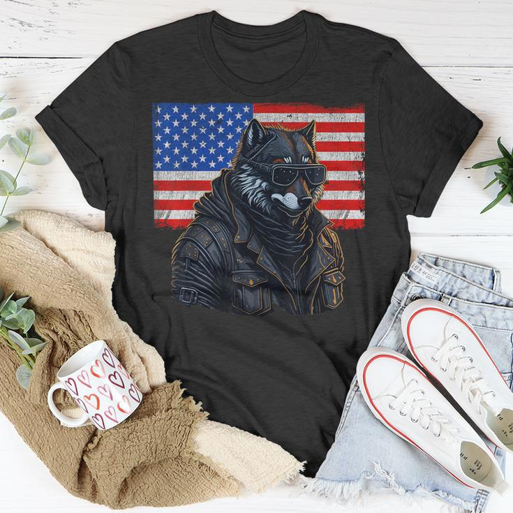 Vintage Patriotic Biker Wolf Shades Rustic American Flag Usa Unisex T-Shirt Unique Gifts