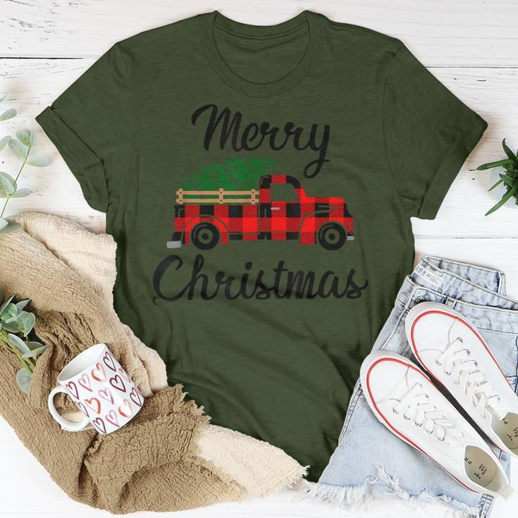 Merry Christmas Tree On Buffalo Plaid Truck T-Shirt Unique Gifts