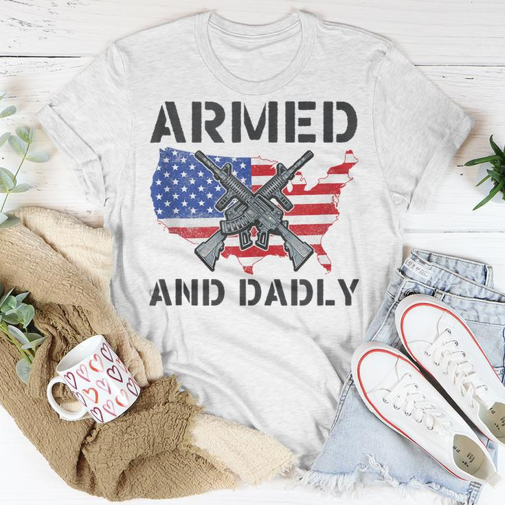 Funny Fathers Day Pun Us Flag Deadly Dad Armed And Dadly Unisex T-Shirt Unique Gifts