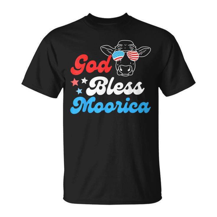 4Th Of July Cow With American Flag Glasses God Bless Moorica T-shirt