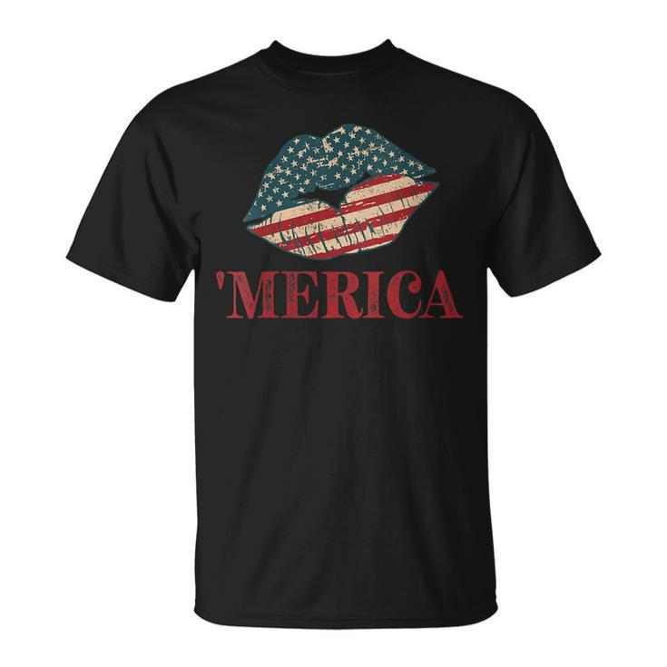 4Th Of July 2023 Kiss Lips Patriotic All American Women  Unisex T-Shirt