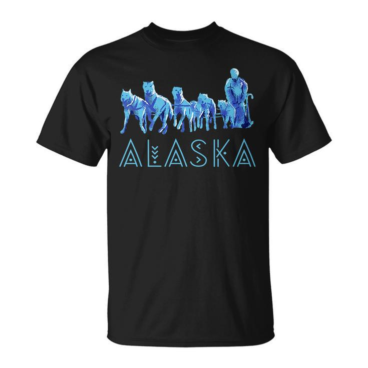 Alaska Sled Dogs Mushing Team Snow Sledding Mountain Scene   Unisex T-Shirt