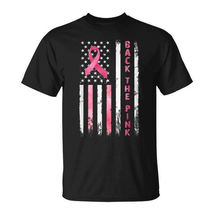Back The Pink Ribbon American Flag Breast Cancer Warrior T-Shirt