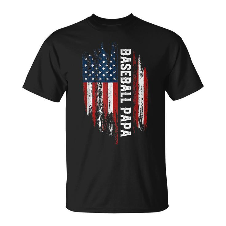 Baseball Papa American Flag Grandpa Grandson Fathers Day  Unisex T-Shirt