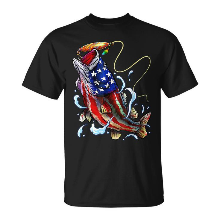 Bass Fishing Fish American Flag Dad Father Fourth Of July  Unisex T-Shirt