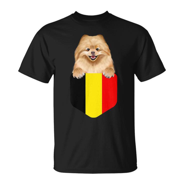 Belgium Flag Pomeranian Dog In Pocket  Unisex T-Shirt