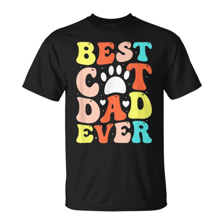 Best Cat Dad Ever Happy Father Day 2023 Retro Groovy Cat Paw  Unisex T-Shirt